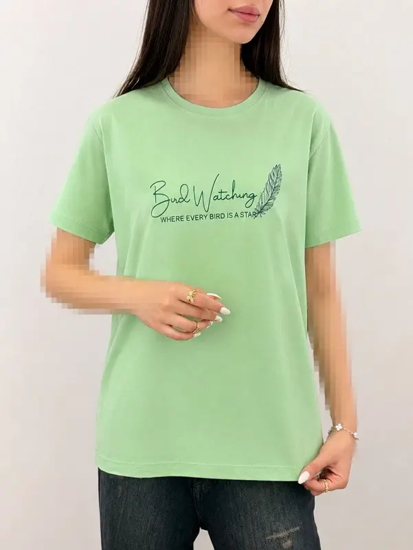 تیشرت زنانه نخ پنبه رنگی یقه گرد طرح Bird Watching | آلما شاپ